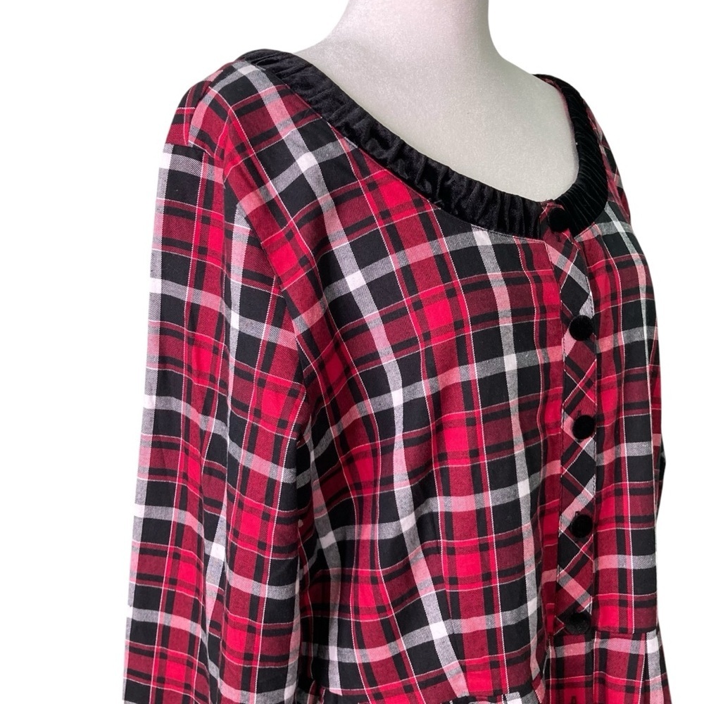 Lanz of Salzburg 100% Cotton Nightgown Dress Red Black Plaid Black Trim Size 1X - Picture 3 of 14